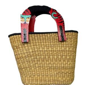 Wooden Handle Straw Basket Bag Purse Tote Hand Painted Cats